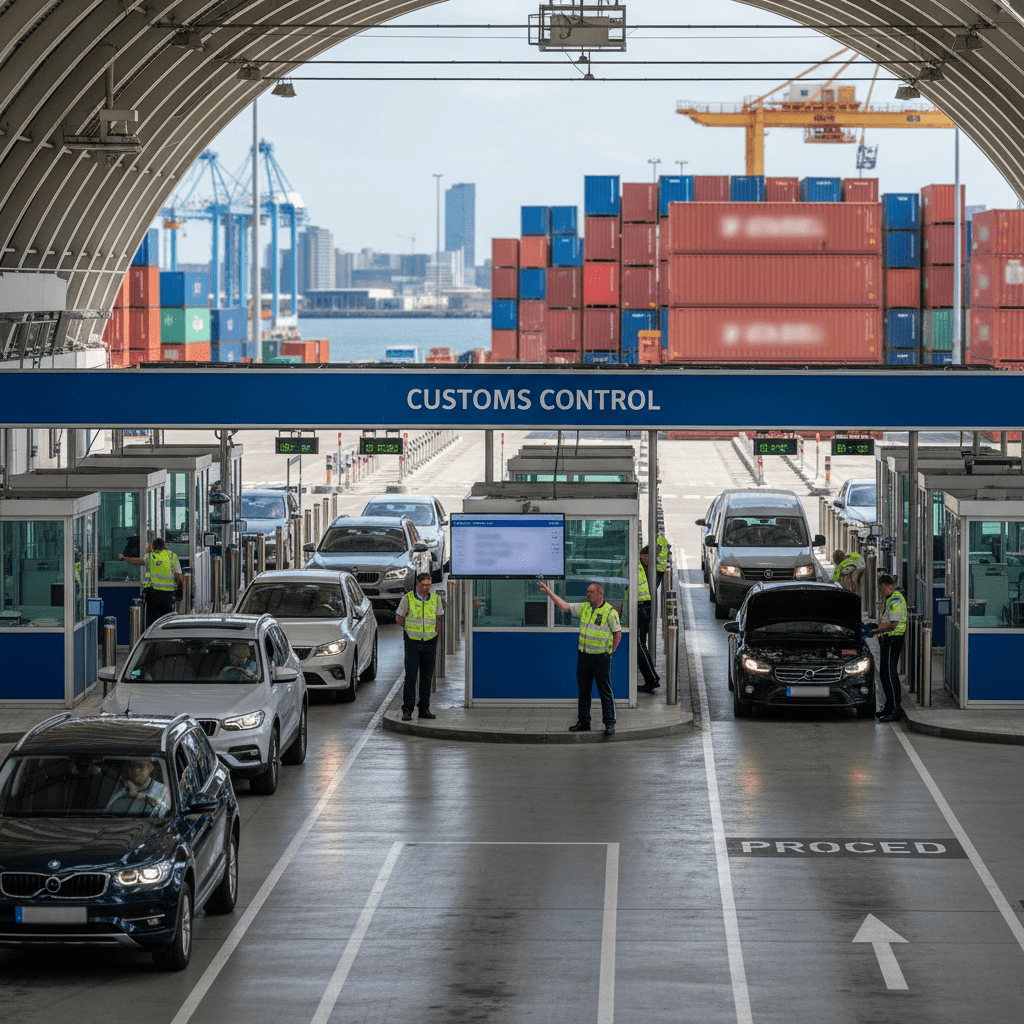 Customs officers processing cars at a European port terminal with shipping containers in the background.