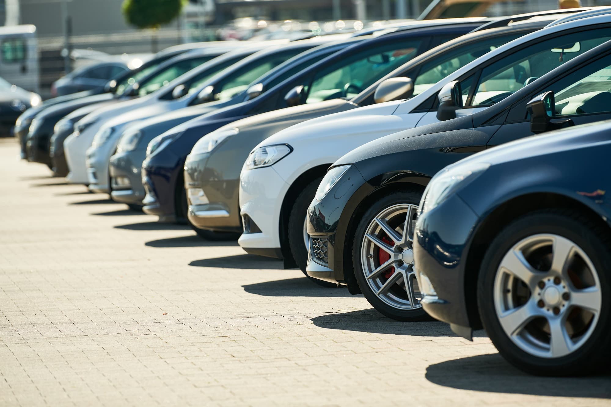 A long row of modern cars in various colors parked on a paved lot.